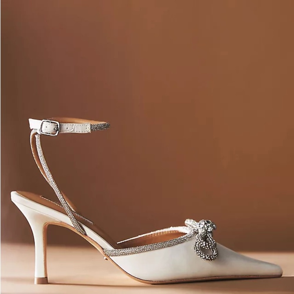Tony Bianco White Satin Sparkle Heels with Rhinestone Bow